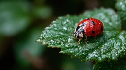 Fototapeta premium A close view of a ladybug, adorned with raindrops, creates a striking image of a vibrant insect on a leaf, emphasizing the beauty of nature's details after rainfall.