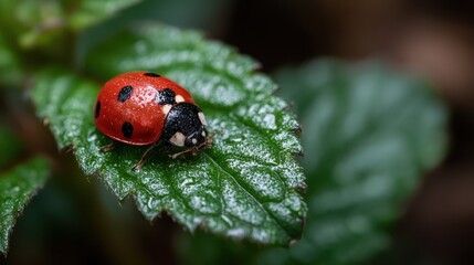 Fototapeta premium This striking image portrays a single ladybug delicately perched on a leaf, dramatically highlighted against a dark backdrop, capturing details that emphasize its vibrant colors.