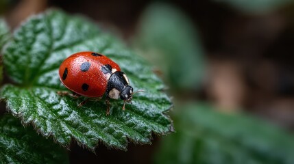 Fototapeta premium This image captures a ladybug as it confidently crawls on a leaf, symbolizing resilience and the interconnectedness of life within a dense, vibrant forest environment.