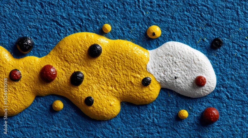 Poster this close-up image features bold blobs of yellow and blue paint on a textured blue canvas, evoking 