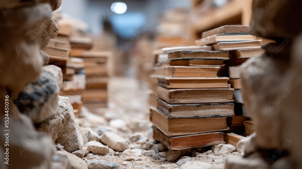 Poster a narrow pathway lined with stacks of books between rugged stones creates a whimsical environment, i