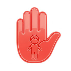 Obraz premium 3D jelly-style icon of a stop hand with a small child icon inside it, soft red tones, glossy finish, isolated white background