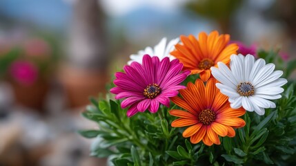 A beautiful arrangement of vibrant daisies in a range of colors showcases nature's beauty and the joy of spring. Each flower displays its unique hue and charm.