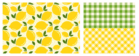 Set of Lemon themed designs, Fresh yellow Lemons with Leaves Seamless Vector Pattern and Gingham Pattern Background, Perfect for textiles, wallpapers, packaging, and summer design themes.