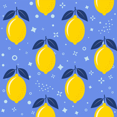 Fresh yellow Lemons with Navy Blue Leaves, Seamless Vector Pattern on Abstract Baby Blue Background, Perfect for textiles, wallpapers, packaging, and summer design banner themes.