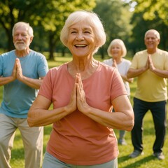 Happy senior group practicing yoga outdoors in park
