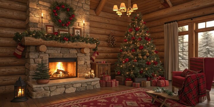 Cozy christmas cabin interior with fireplace and decorated tree for holiday season celebration scene