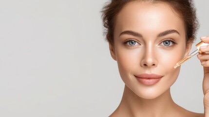 Obraz premium A young woman with glowing skin is applying facial serum with a dropper in a bright and minimalistic space. Her expression is relaxed and focused, showcasing her skincare routine