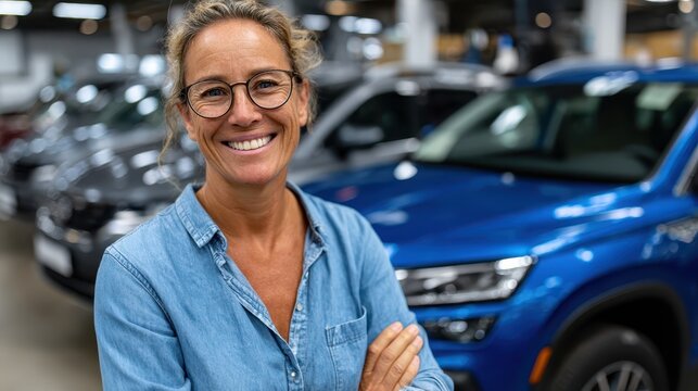 A cheerful middle-aged woman stands proudly in a vehicle showroom, showcasing her warm smile that embodies customer satisfaction and hospitality in the car sales environment.