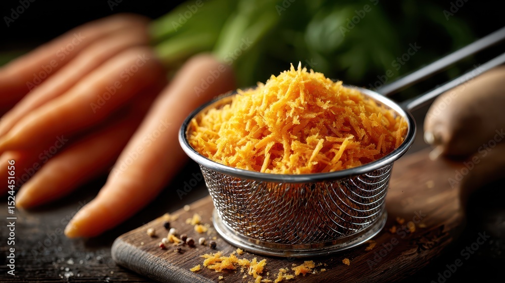 Aufkleber a close-up view of freshly grated carrots held in a sieve, perfect for adding flavor and texture to 