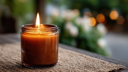 A rich amber candle with a cozy flame stands gracefully against a softly blurred background, adding warmth and inviting atmosphere to any space.