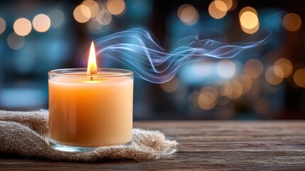 A candle flickers gently, with smoke swirling gracefully above it, captured in a cozy, ambient setting, evoking feelings of peace and reflection in a serene environment.