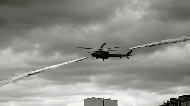  Black & White UHD Video Of A Helicopter Performing A Mission Avoiding An RPG
