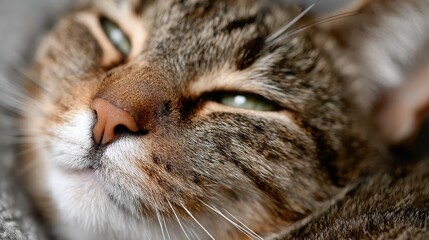 This captivating close-up image of a tabby cat showcasing its serene expression invites viewers to appreciate the beauty of contentment, coziness, and tranquil moments at home.