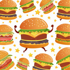 Dancing Burgers Icon Set Pattern Illustration