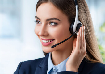 Call center support portrait brunete smiling