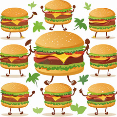 Dancing Burgers Icon Set Pattern Illustration
