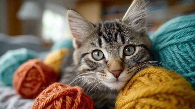 An adorable tabby kitten with stunning blue eyes curiously explores a collection of colorful yarn balls, capturing a delightful moment of childhood playfulness and wonder. - Powered by Adobe