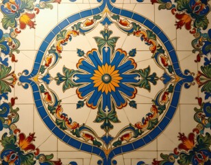 Intricate mosaic tile detail. Bright floral pattern with blue yellow green, red colors. Decorative ornament, vintage style. Seamless design for wallpaper, wall decor, background. Architecture element.