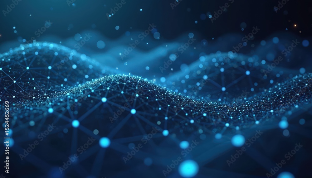 Poster Digital 3D rendering of network connection. Data flow abstract illustration, blue light particles and lines on dark background, concept of internet, big data. Futuristic design represents modern tech.