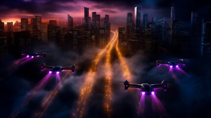 Fototapeta premium Cyberpunk futuristic city with drones over dystopian skyline