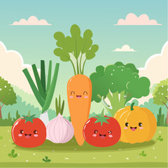 Cute Vegetables with Faces Illustration