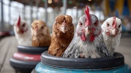 A playful scene with chickens nestled in colorful containers, showcasing their unique personalities and the charm of farm life in an entertaining and whimsical way.