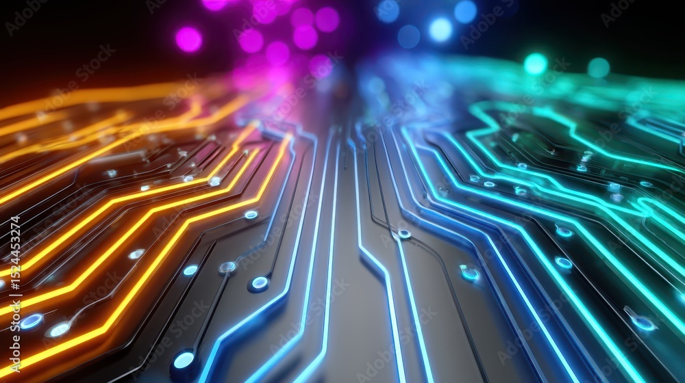 Poster this image presents abstract circuit lines illuminated by vibrant colors, highlighting the intricate
