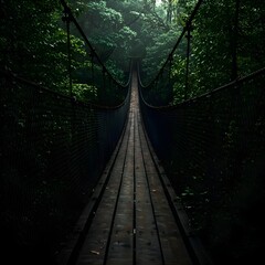 Fototapeta premium Mysterious Jungle Suspension Bridge A Dark and Enigmatic Pathway Through Lush Foliage
