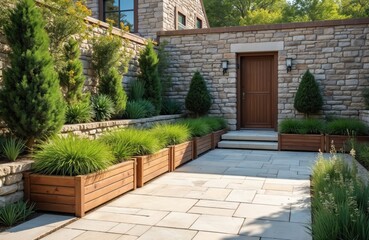 Modern garden design stone wall, wooden planters. Green grass, decorative plants on terrace. Patio construction, exterior decor with wooden door entrance. Contemporary landscape, architectural design.