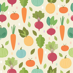 Seamless Illustrated Vegetables. Seamless Pattern on Pastel Background.