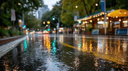 Fototapeta premium The wet pavement reflects colorful lights from nearby stalls, merging nature and culture as the rain adds a serene touch to the lively urban environment filled with energy.