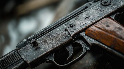 Close-up view of a vintage submachine gun with weathered metal and wood stock
