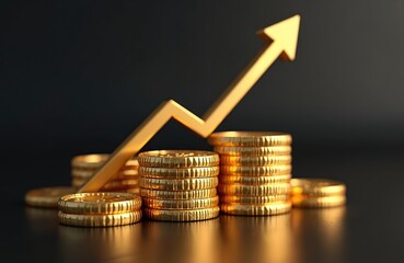 3D render of gold coins and a rising graph on dark backdrop. Financial success concept. Investment profit, business growth, stock market, wealth, currency, banking, finance, earning.