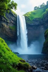 Naklejka premium Serene waterfall cascading down a lush green hill, creating a misty spray and a tranquil atmosphere Perfect for nature, travel, and environmental themes , tranquil, flowing