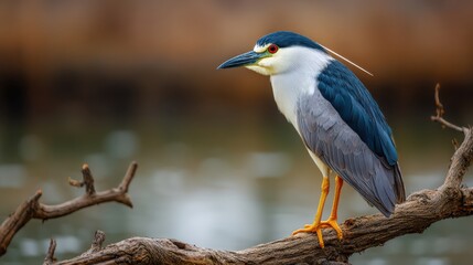 A heron with striking colors stands on a branch close to calm water during the early morning. Bright sunlight highlights its feathers and surroundings, creating a picturesque moment