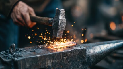 An artisan carefully strikes a glowing piece of metal with a hammer on an anvil, creating sparks that illuminate the dim workshop. The atmosphere is filled with the sounds of forging