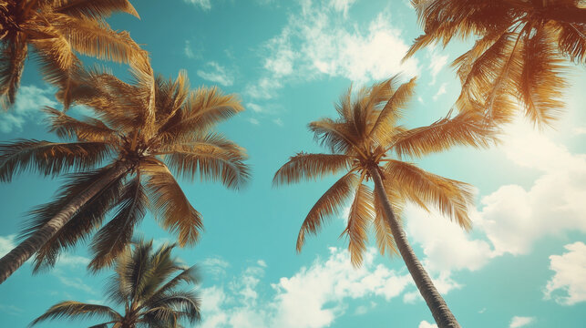 Coconut palm tree under blue sky . Vintage style. Tropical background