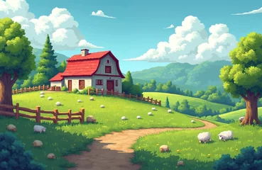 Gardinen Pixel art farm scene. Lush green fields sheep house, path, wooden fence. Idyllic rural landscape, blue sky, fluffy clouds. Peaceful summer countryside, farmland with sheep. © Pete