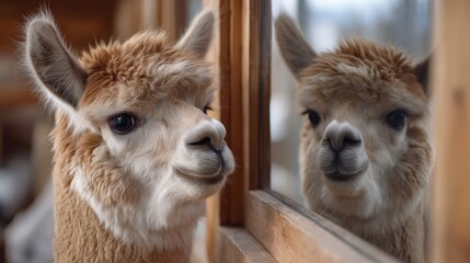 Obraz premium An adorable alpaca gazes at its reflection in a wooden window, portraying a moment of self-awareness and curiosity in a warm, inviting domestic environment.