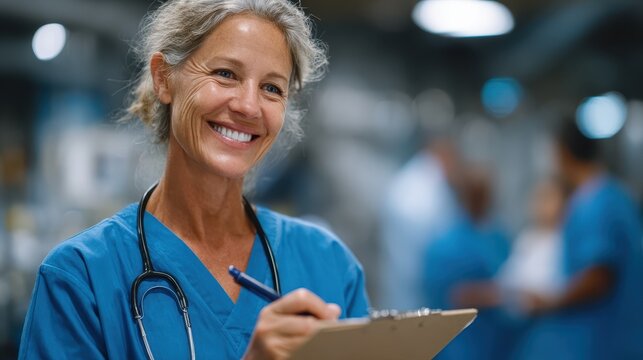 A cheerful and professional medical staff member smiling while holding a clipboard, conveying a sense of satisfaction and teamwork in a vibrant healthcare environment.