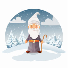Whimsical Wise Man in Snowy Landscape Illustration
