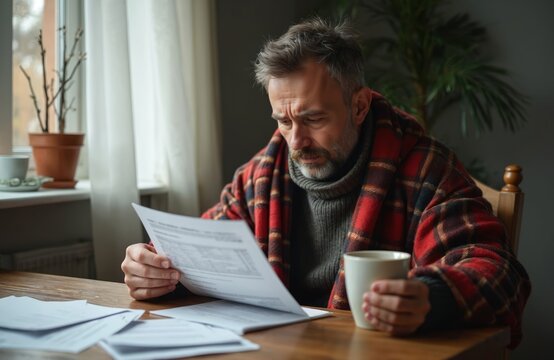 Sad man wrapped in warm plaid blanket sits at table. He looks utility bills, gas, electricity, heating, cold winter days. Concept of economic crisis, financial problems, paying bills, energy costs.
