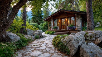 This beautifully crafted cabin blends seamlessly into its natural surroundings, highlighting the charm of rustic architecture amid lush greenery and stones.
