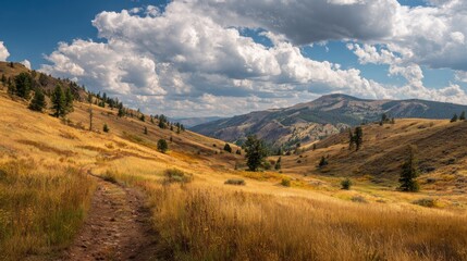 Fototapeta premium A 4K photo of golden Hillside Trail Leading to Mountains.