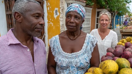 A lively market scene showcasing friendly interactions between vendors and customers amidst colorful fruits, capturing the essence of community and cultural richness.