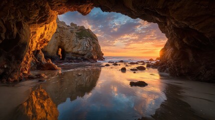 A 4K photo of golden Sunrise Reflection on Ocean Water Next to White Coastal Cliff with Cave Entrance sunrise cave.
