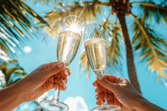 Two people clinking champagne glasses under bright palm trees on a sunny day. Captures vacation luxury, tropical celebration, and joyful summer moments.