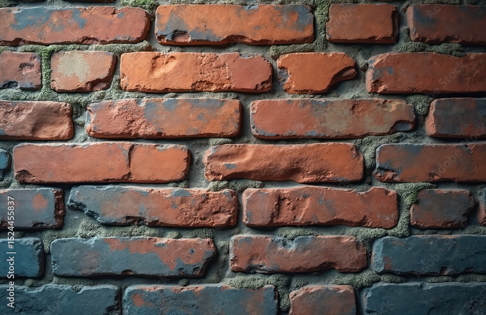 Poster weathered brick wall with warm and cool tones. aged brickwork texture with moss between bricks. urba