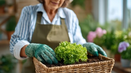 A woman carefully lifts a fresh lettuce plant from a basket, symbolizing the rewarding experience of gardening and the connection to wholesome food and healthy living.